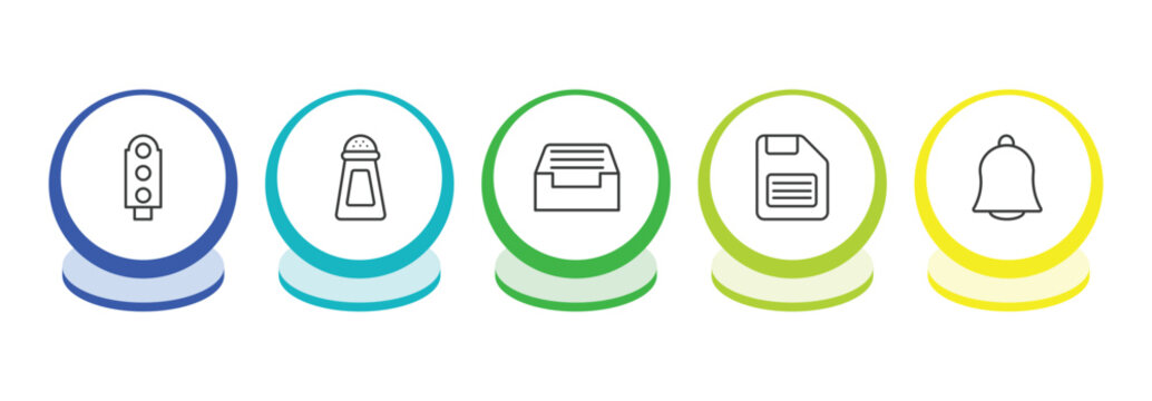 tools and utensils outline icon set. thin line semaphore light, pepper container, tray for papers, face down floppy disk icons. editable vector