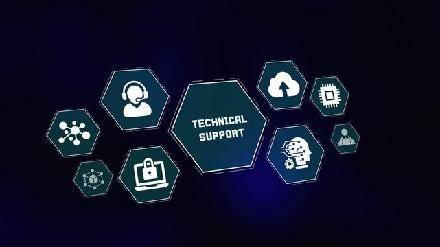 Professional technical support digital display showcasing troubleshooting and customer care icons