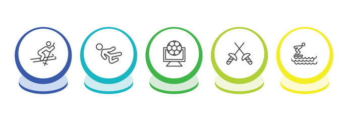 sports outline icon set. thin line skiing, karate fighter, football channel, medieval fencing icons. editable vector © Farahim