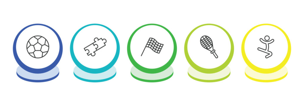 sports outline icon set. thin line football ball, match, chequered flag, squash icons. editable vector