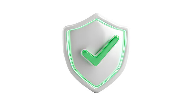 3d rendered cyber security shield icon with glowing green checkmark and neon light on white background symbolizing protection and safety online
