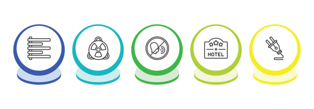 signs outline icon set. thin line align left, toxic, no shouting, square hotel icons. editable vector