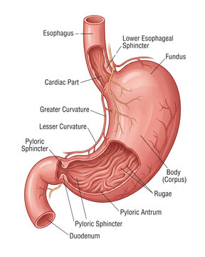 Anatomy of the human stomach labeled.