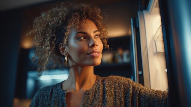 Woman looks inside a fridge at night while she thinks about what to eat
