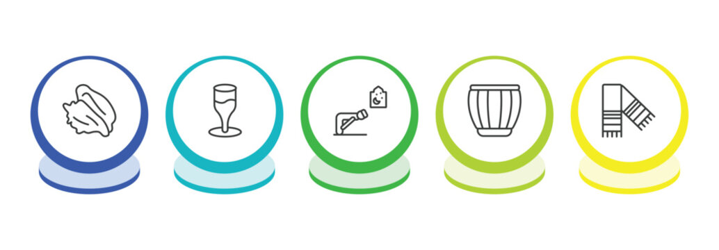 religion outline icon set. thin line conch shell, goblet, ruku posture, tablas icons. editable vector