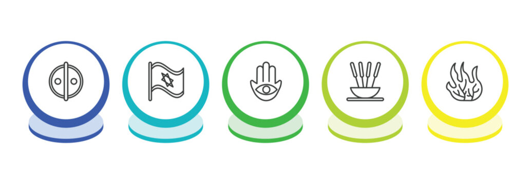 religion outline icon set. thin line animism, israel flag, hamsa, incense icons. editable vector
