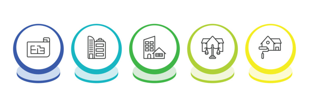 real estate outline icon set. thin line plans, office building, real state, juridical icons. editable vector