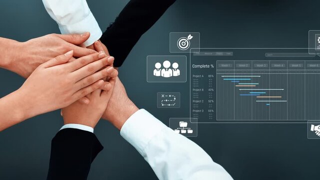 A dynamic image illustrating teamwork and collaboration with hands joined over project management charts, symbolizing unity in an office setting focused on success. Raster