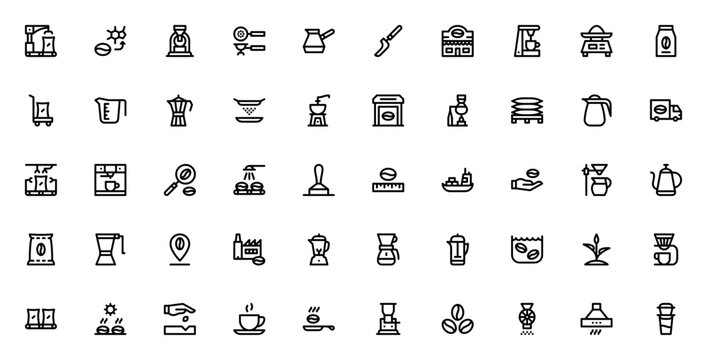 Coffee Production icon set. Coffee making vector icons. Minimal line art pack. Includes symbols for process, caffeine, roast, filter, Turkish coffee, scoop, coffee shop, grinder, scale, and more. Edit
