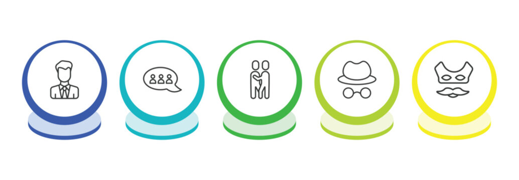 people outline icon set. thin line bussiness man, chat group, snuggle, hat and glasses icons. editable vector