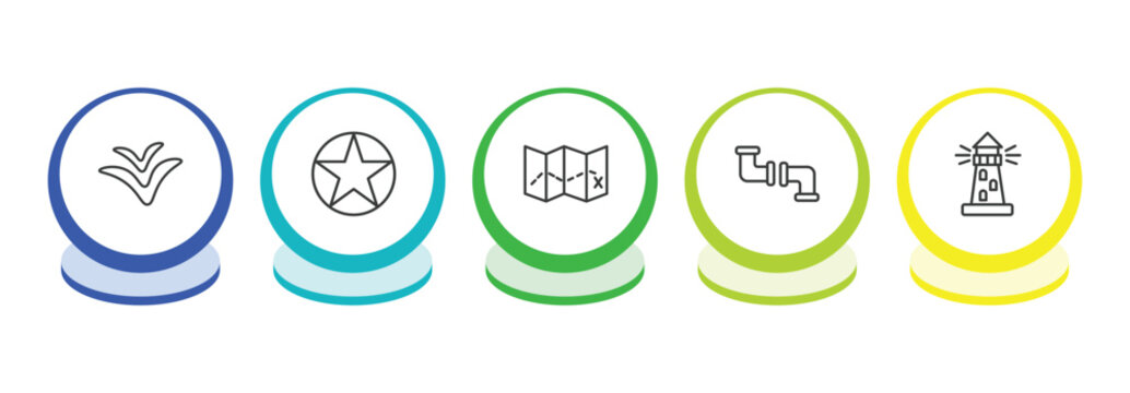nautical outline icon set. thin line seagull, star inside circle, treasure map, pipe icons. editable vector