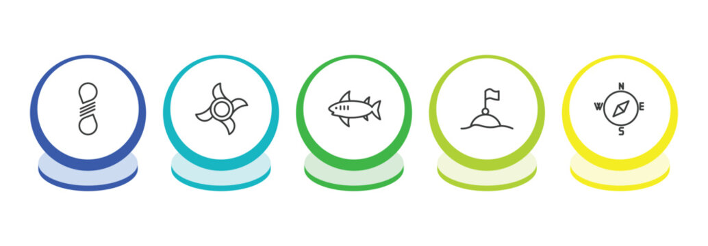 nautical outline icon set. thin line knot, ship engine propeller, shark, buoys icons. editable vector