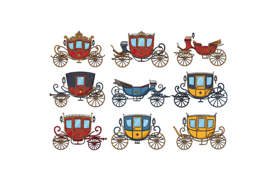 Set of ornate historical carriages and coaches, antique vehicles for royal or ceremonial use