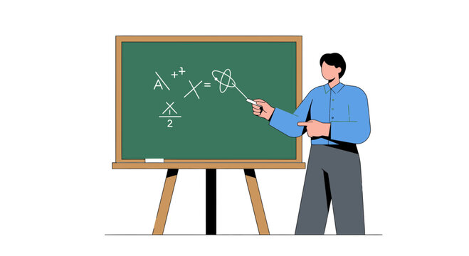Teacher Explaining Math Formulas on Green Blackboard, Education Concept