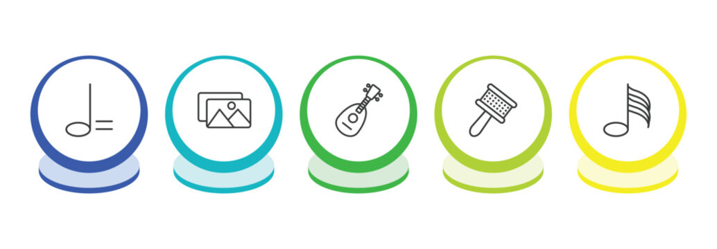 music and media outline icon set. thin line minim, album, mandolin, cabasa icons. editable vector