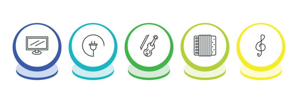 music and media outline icon set. thin line television screen off, charging plug, cello, accordion icons. editable vector