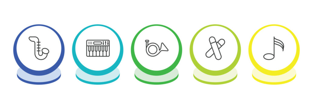 music and media outline icon set. thin line saxophone, synthesizer, french horn, clave icons. editable vector