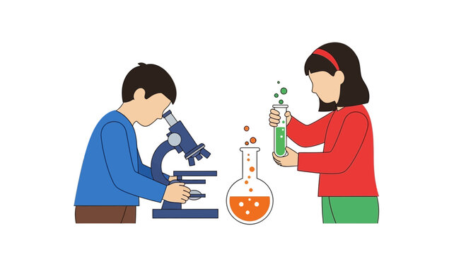 Children conducting a science experiment with microscope and test tubes