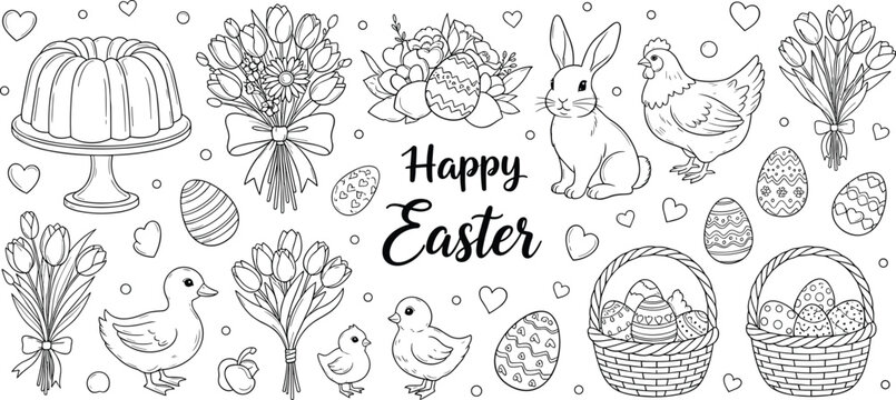 Easter holiday illustration with rabbit hen ducklings eggs baskets cake flowers Happy Easter decorative vector design