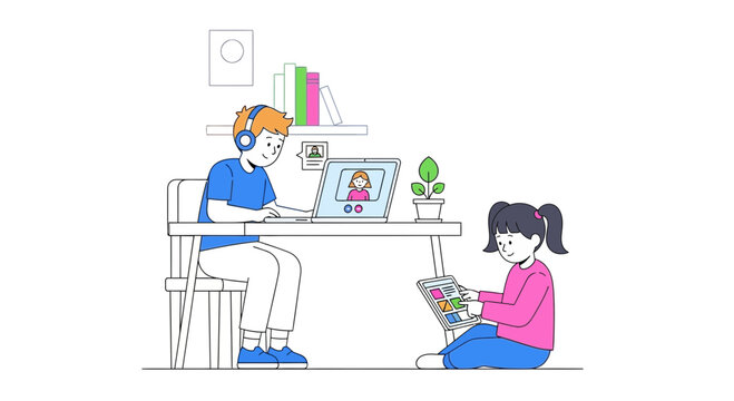 Children learning online, boy with laptop, girl with tablet, remote education