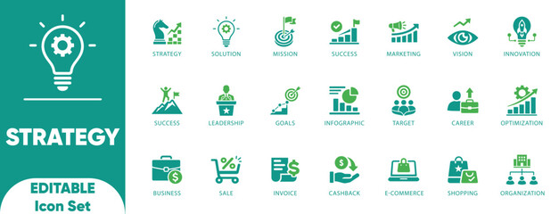 Strategy icon set. blueprint, goal, leadership, objective, optimization, plan, planning, progress, mission, and solid icons.  © ICONYX