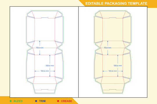 Burger box dieline template with technical folding lines, including bleed, trim, and crease indicators with specific millimeter measurements for fast food packaging