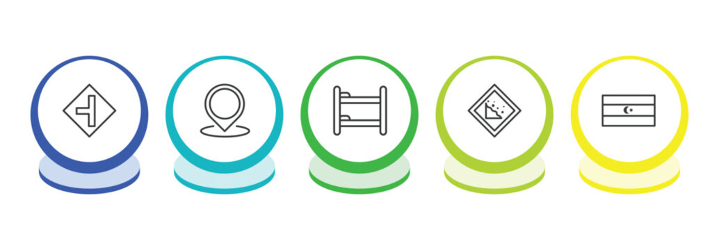 maps and flags outline icon set. thin line road left side, location mark, dormitory, land slide icons. editable vector
