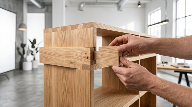 Hands assembling a modern wooden shelf unit with dovetail joints in a bright, minimalist studio space.