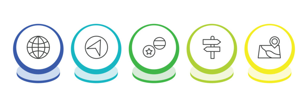 maps and flags outline icon set. thin line earth gobe, navigate, flags, divarication icons. editable vector