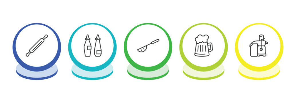 kitchen outline icon set. thin line rolling pin, sauces, sugar sifter, beer icons. editable vector