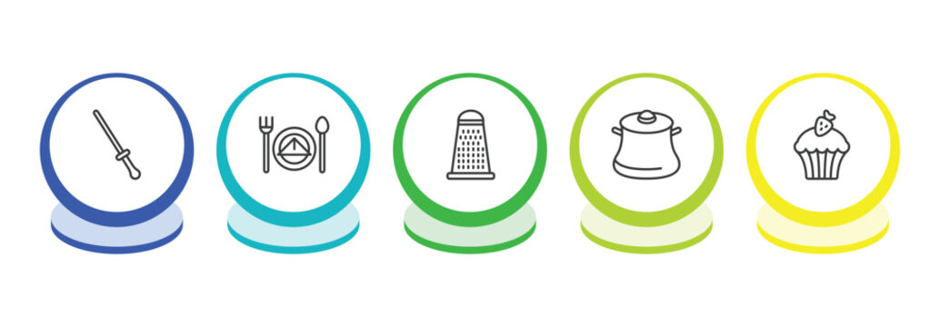 kitchen outline icon set. thin line knife sharpener, dinner, grater, cooking pot icons. editable vector