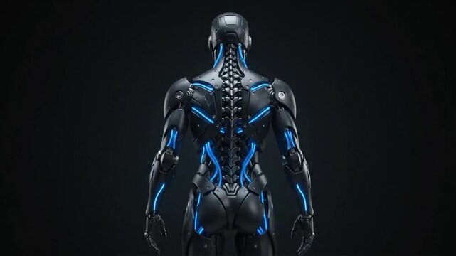 Futuristic black robotic android with glowing blue neon lights rotating 360 degrees