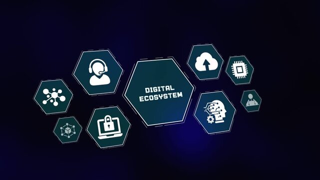 Digital ecosystem abstract concept with HUD interface icons representing cloud computing, artificial intelligence, cyber security, and global business connectivity