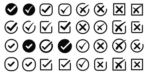 Check mark icon button set. Check box icon with right and wrong buttons and yes or no checkmark icons in green tick box and red cross .Green Tick and Confirm Icon set Vector ... ©  