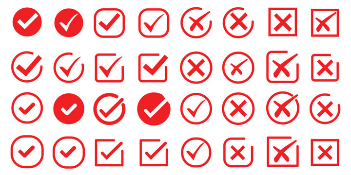 Check tick mark icon set. Cross box x check mark checkbox v list draw hand drawn sketch doodle brush marker checklist symbol wrong right circle.