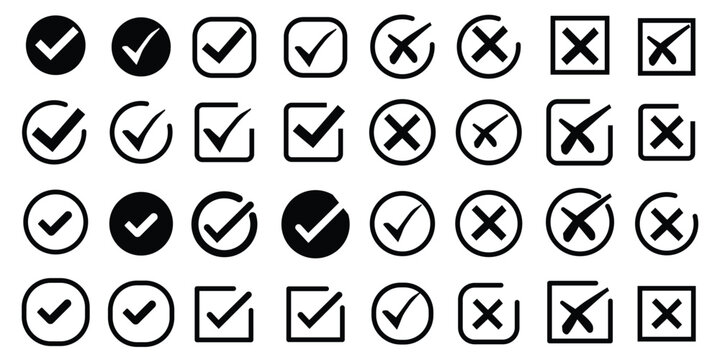 Check mark icon button set. Check box icon with right and wrong buttons and yes or no checkmark icons in green tick box and red cross .Green Tick and Confirm Icon set Vector ...
