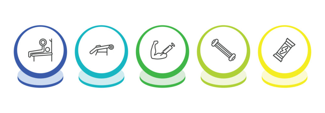 gym and fitness outline icon set. thin line press, simulator for press, steroids, arms extender icons. editable vector