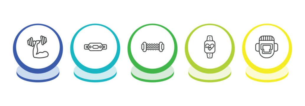 gym and fitness outline icon set. thin line fitness, fitness belt, resistance, pulsometer icons. editable vector