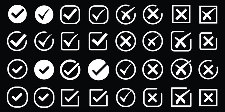 Check tick mark icon set. Cross box x check mark checkbox v list vector draw hand drawn sketch doodle brush marker checklist symbol wrong right circle. Vector 