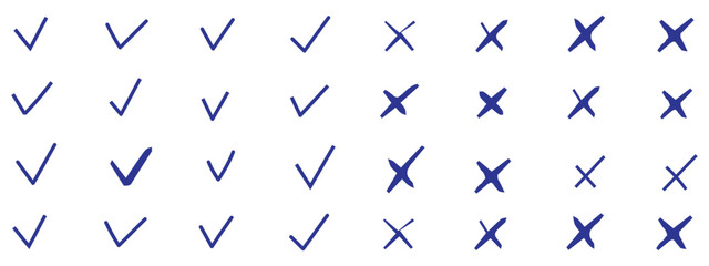 Obraz premium Right and wrong buttons. Yes or no check mark icons in green tick box and red cross. Set of red X and green check mark.