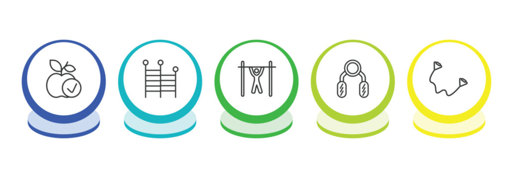 gym and fitness outline icon set. thin line good diet, gym ladder, bar exercising, sport expander icons. editable vector