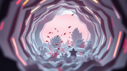 Obraz premium Abstract tunnel scene. Soft pinks, whites dominate. Geometric shapes suggest landscape, interior space. Red elements add contrast, depth.
