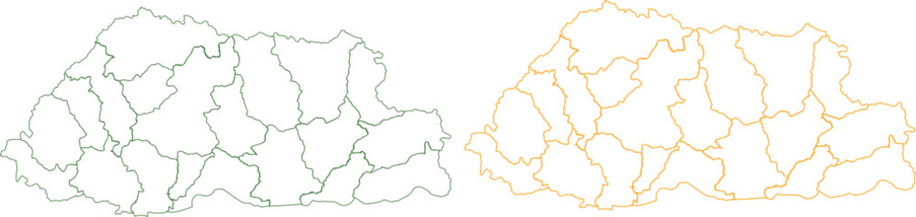 Fototapeta premium Bhutan Administrative Districts Outline Map with Internal Borders in Black and Orange Line Variants on White Background