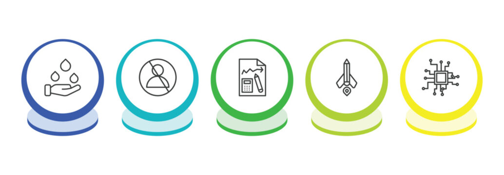 general outline icon set. thin line save water badge, impeachment, ecommerce strategy, creative pencil rocket icons. editable vector