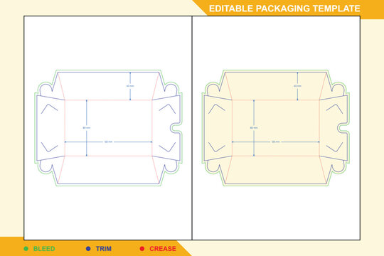 Hot dog tray packaging dieline template with bleed, trim, and crease lines, featuring labeled dimensions of 125mm by 80mm base and 40mm side walls