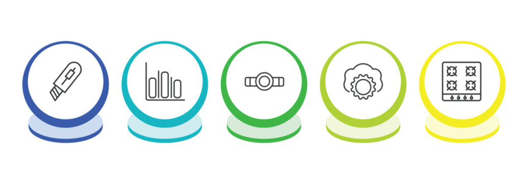 general outline icon set. thin line stationery knife, info chart, head mirror, saas icons. editable vector