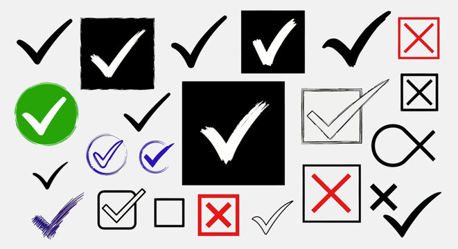 various check marks and cross symbols a graphic collection illustrating choices approval and rejection concepts for tasks and polls.