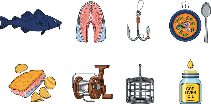Cod Fish and Fishing Equipment Icon Set with Seafood Soup Fish and Chips Reel Hook Trap and Cod Liver Oil Bottle for Culinary and Angler Designs