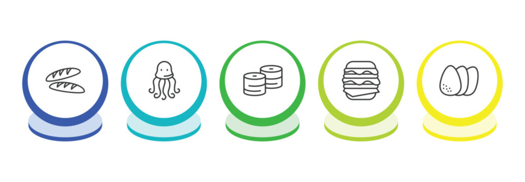 food outline icon set. thin line baguette, sea life, maki, double burger icons. editable vector