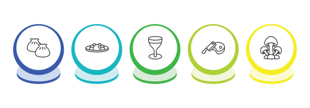 food outline icon set. thin line dumpling, yusheng, cup of wine, butcher icons. editable vector